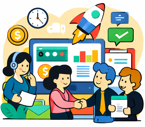 Illustration of a team actively using a CRM dashboard